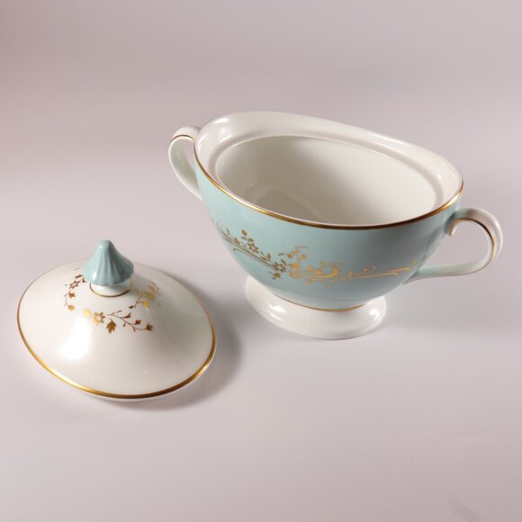 Royal Doulton Melrose Sugar Bowl With Lid Gold Flowers & Scrolls Turquoise H4955 - Picture 4 of 6